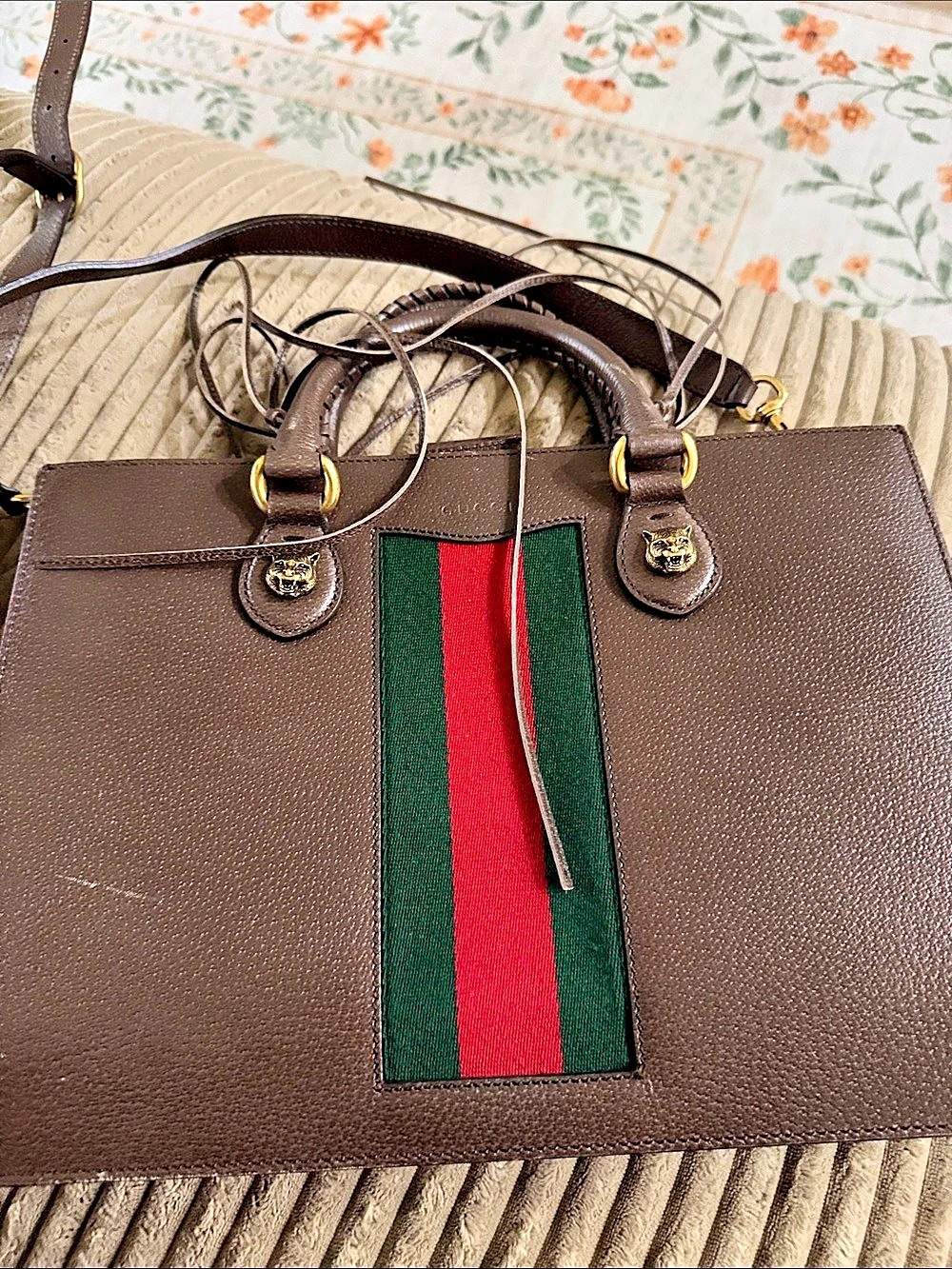Gucci Rajah Large Leather Tote Brown & Green